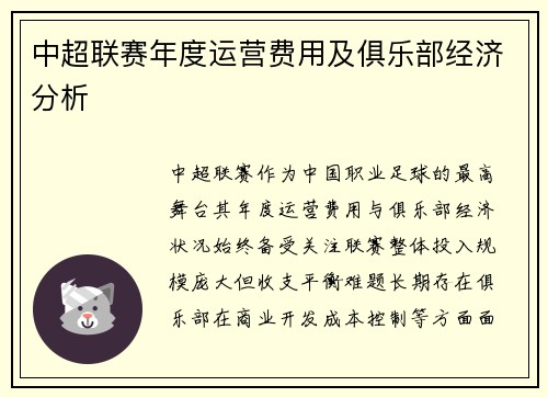 中超联赛年度运营费用及俱乐部经济分析