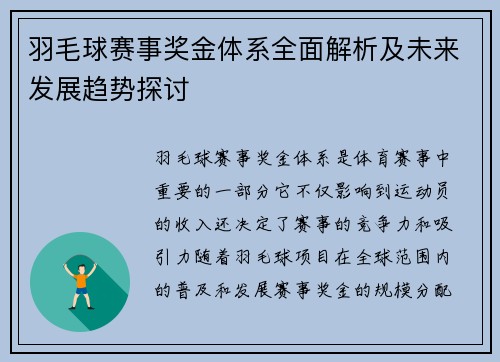 羽毛球赛事奖金体系全面解析及未来发展趋势探讨
