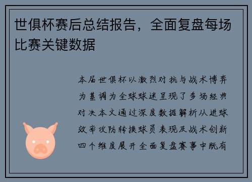 世俱杯赛后总结报告，全面复盘每场比赛关键数据